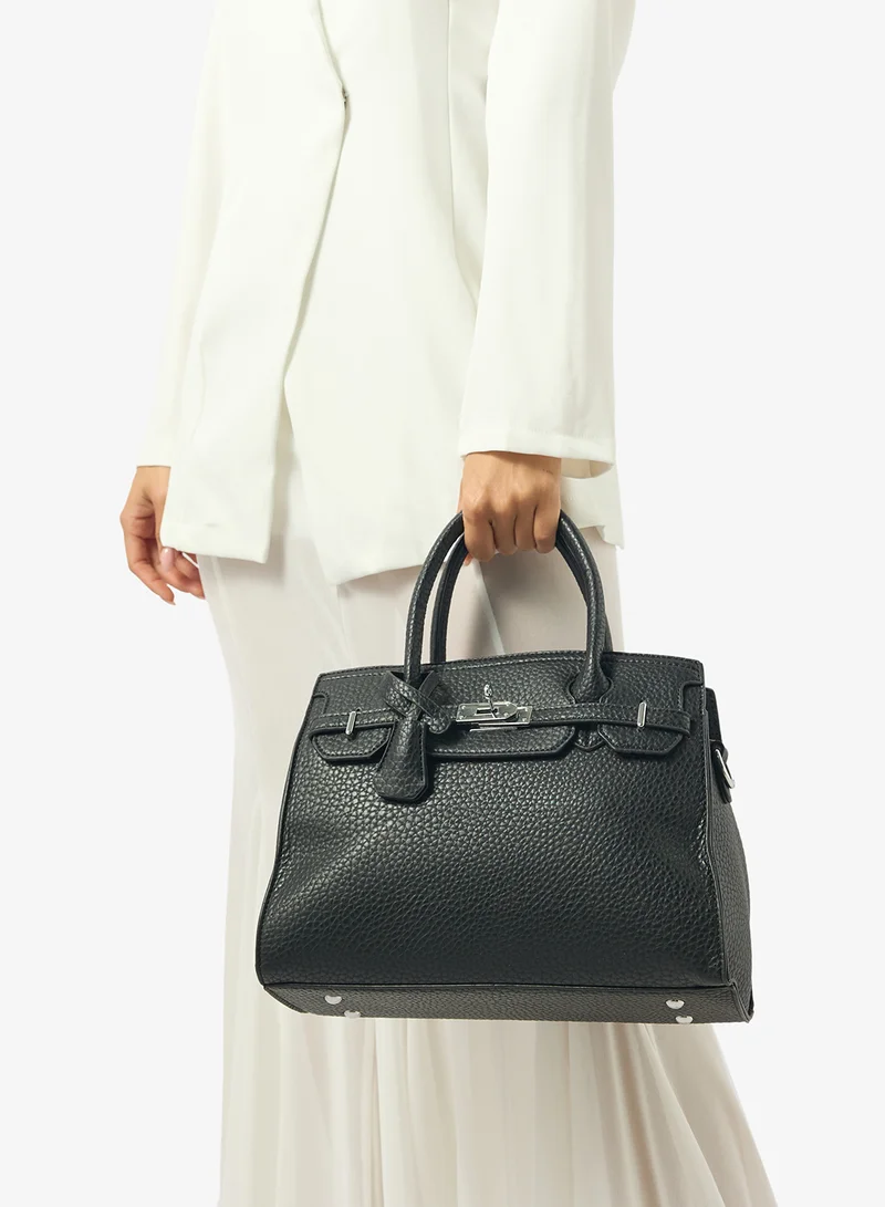 Khizana Black Textured Satchel With Top Handle And Strap With Buckle Detail for Women | Best Price UAE